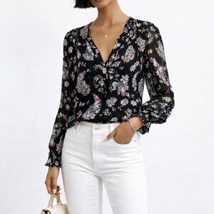 Rebecca Taylor Black Silk Floral Bouquet Keyhole Neck Long Sleeve Top Size 8